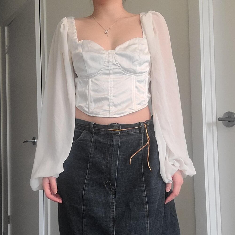 Missguided White Mesh Corset Crop Zip-Up Blouse Shirt (Size 6)